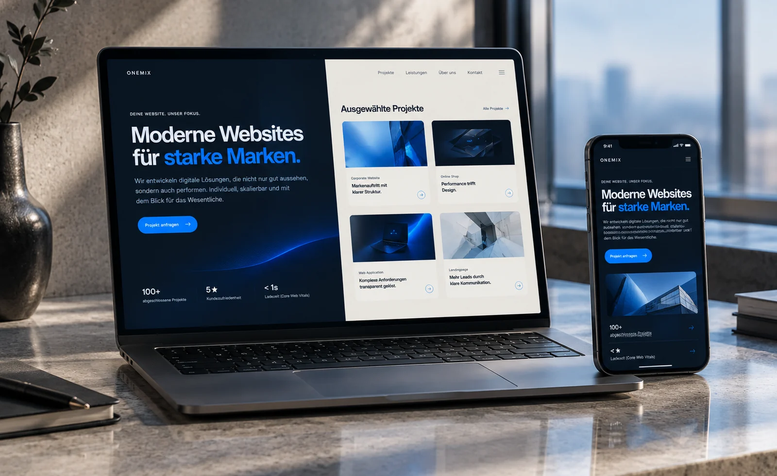 Nachher: moderne, responsive OneMix Website auf Laptop und Smartphone.
